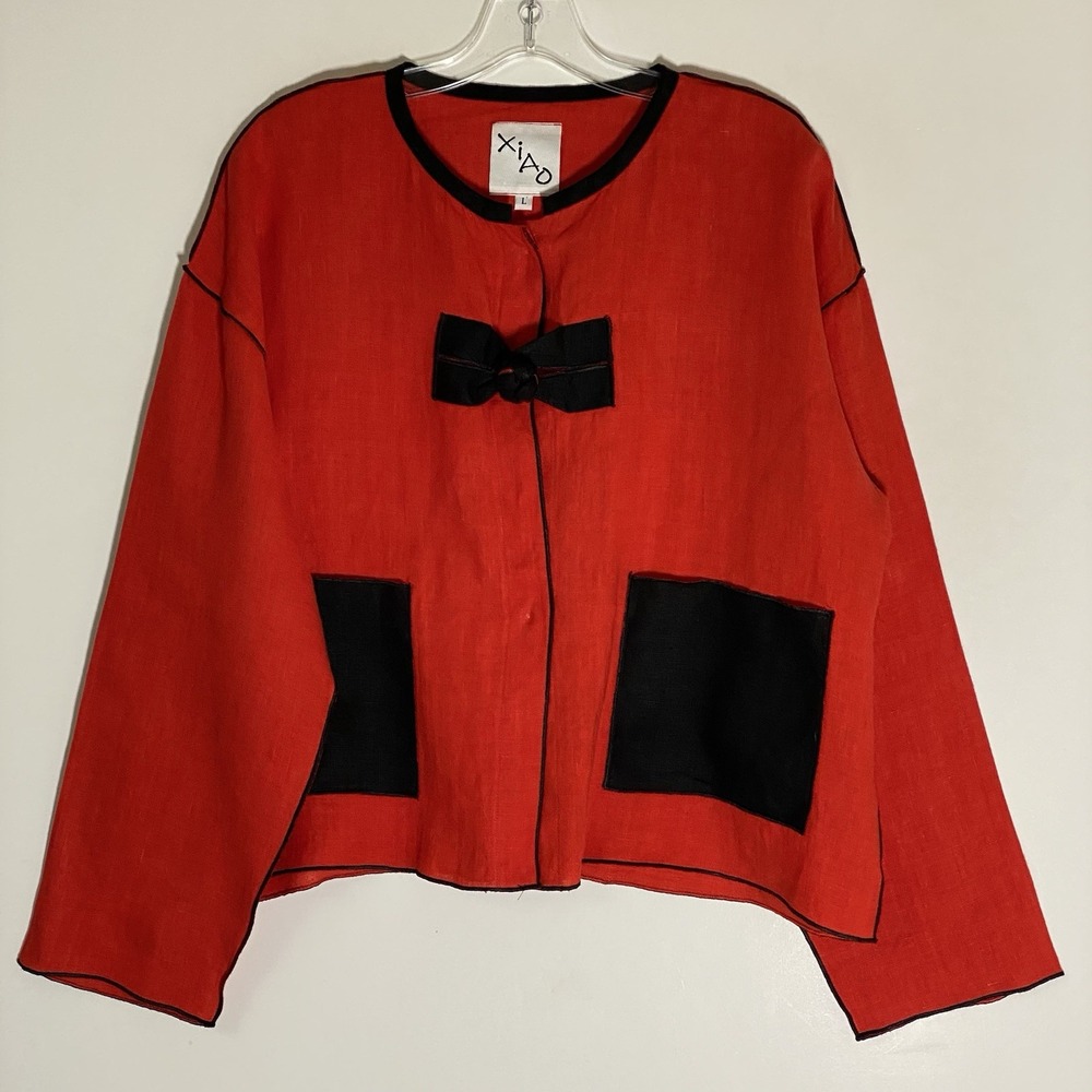VTG XIAO Top Womens Large Red Linen Oversized Boxy Lagenlook Art To Wear Classy